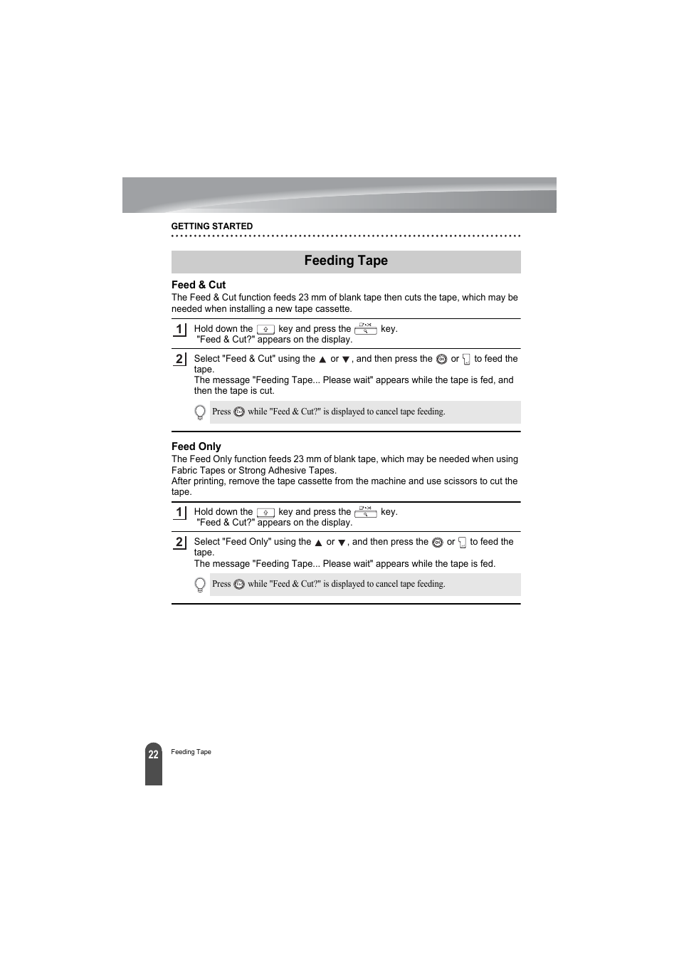 Feeding tape, Feed & cut, Feed only | Feed & cut feed only | Brother PT-2100 User Manual | Page 24 / 79