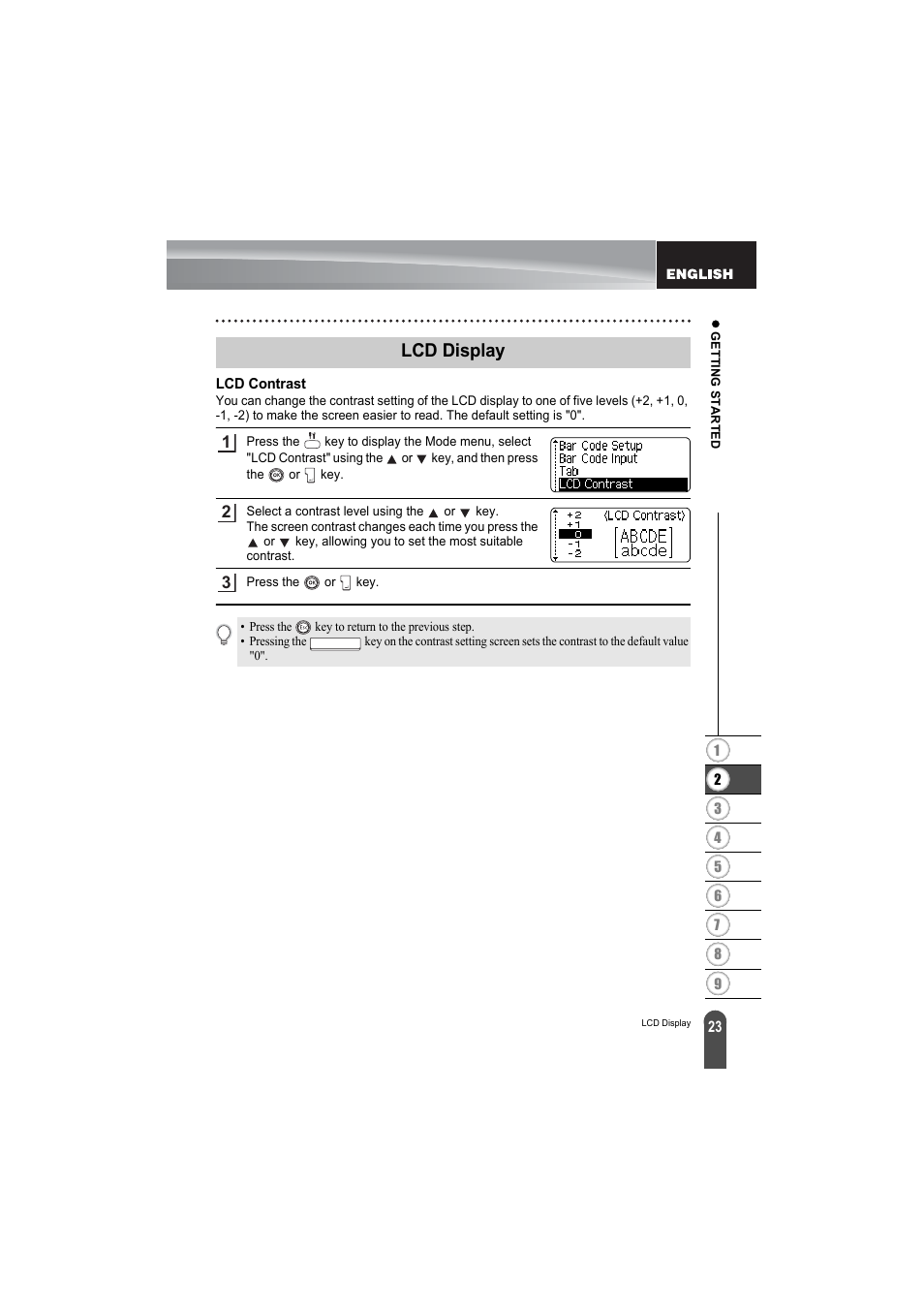 Lcd display, Lcd contrast | Brother PT-2100 User Manual | Page 25 / 79