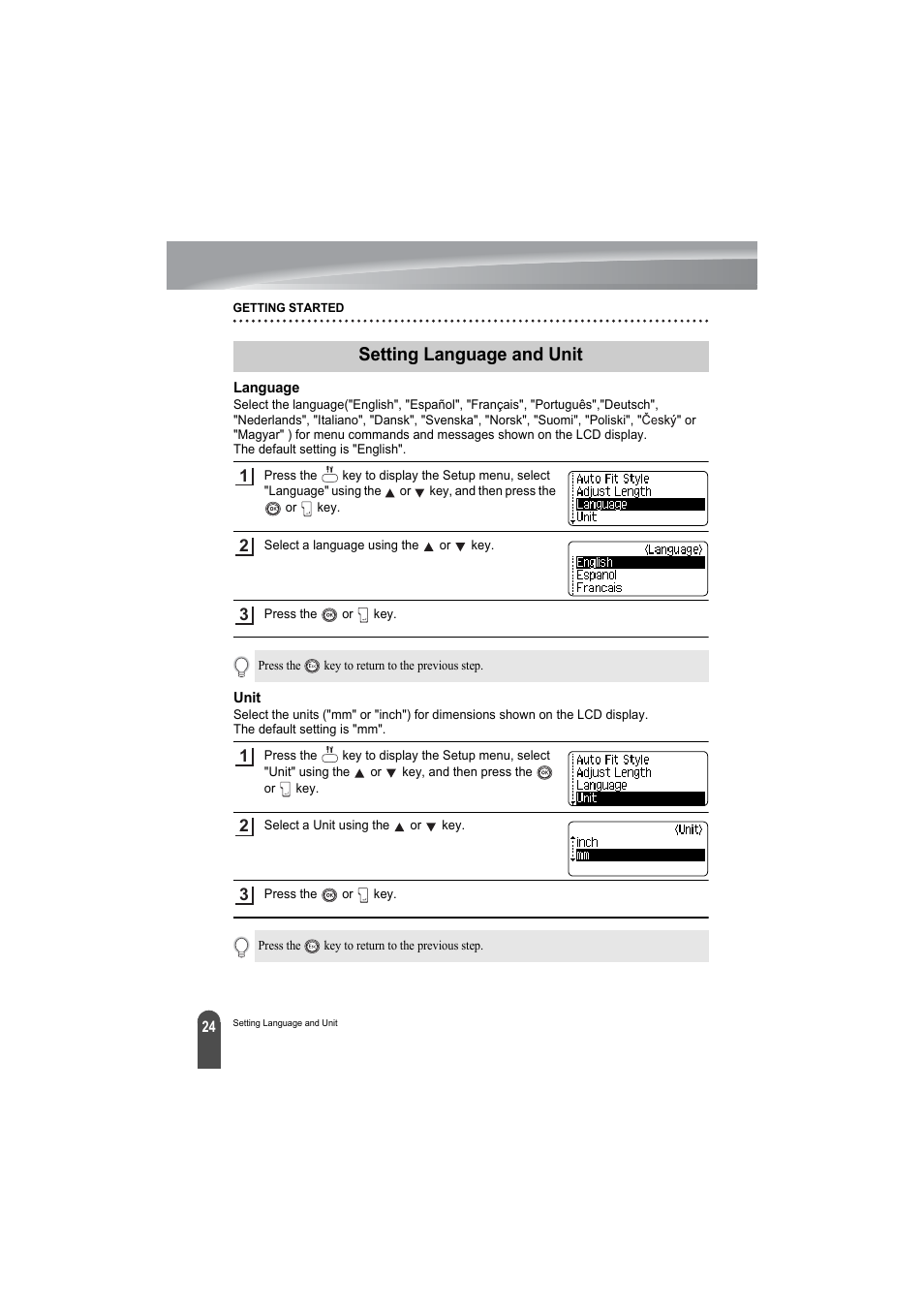 Setting language and unit, Language, Unit | Language unit | Brother PT-2100 User Manual | Page 26 / 79