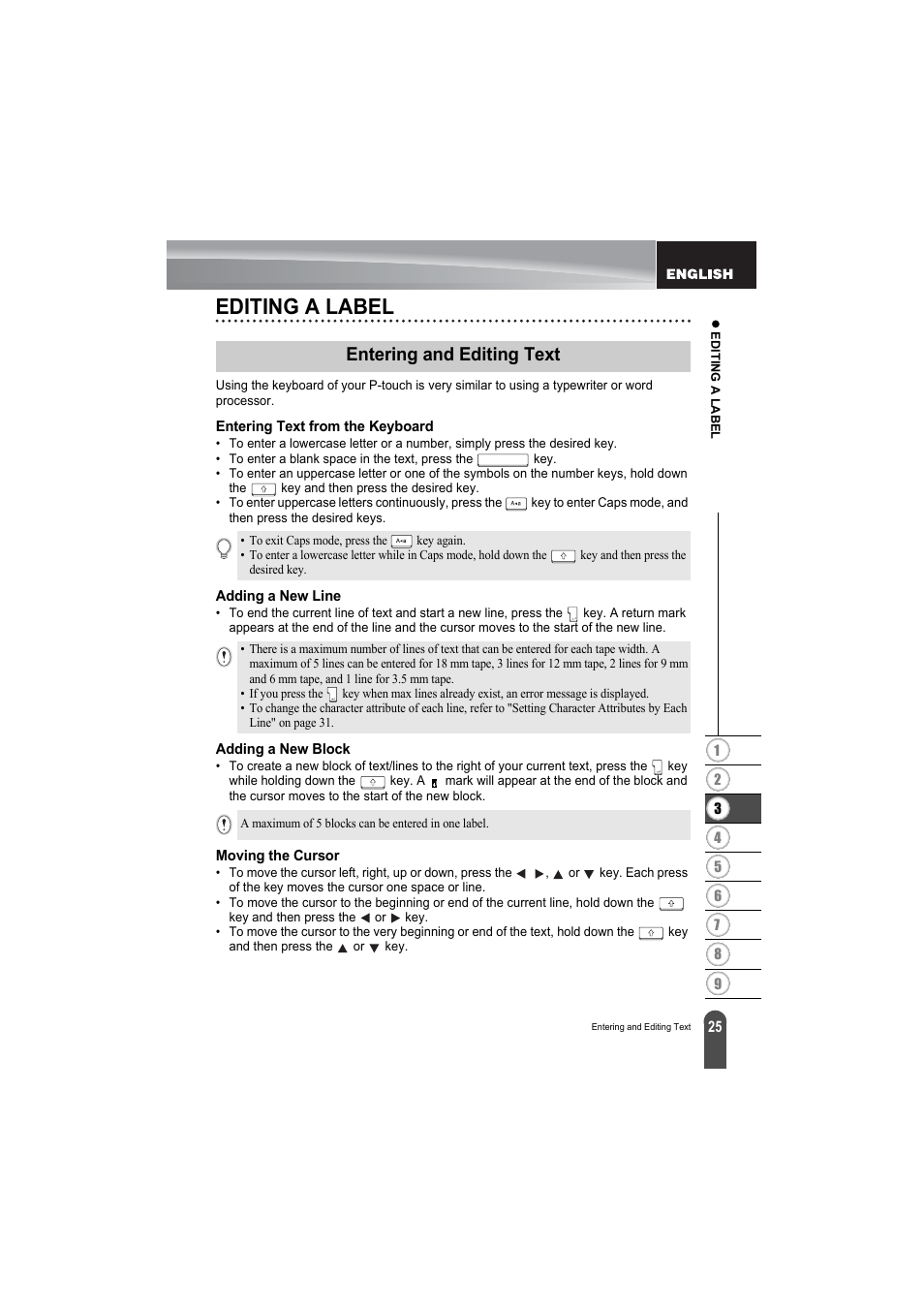 Editing a label, Entering and editing text, Entering text from the keyboard | Adding a new line, Adding a new block, Moving the cursor, P. 25 | Brother PT-2100 User Manual | Page 27 / 79