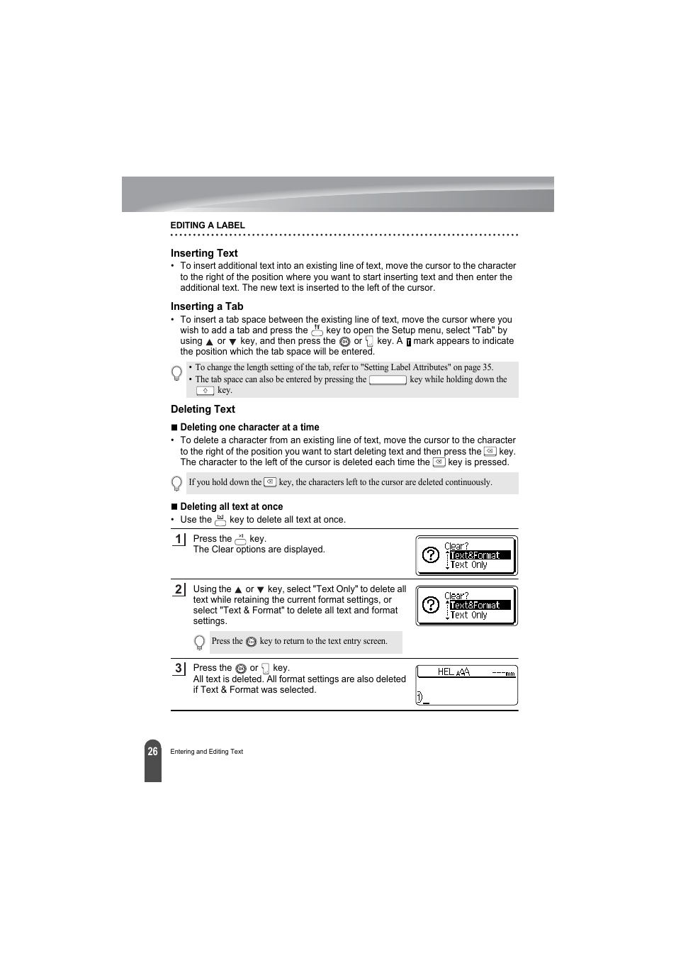 Inserting text, Inserting a tab, Deleting text | Inserting text inserting a tab deleting text | Brother PT-2100 User Manual | Page 28 / 79