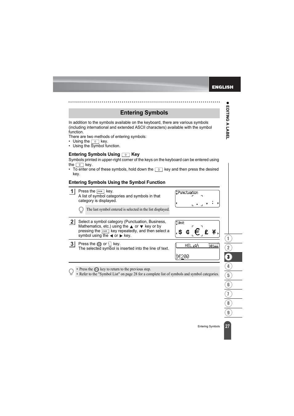 Entering symbols, Entering symbols using key, Entering symbols using the symbol function | Brother PT-2100 User Manual | Page 29 / 79