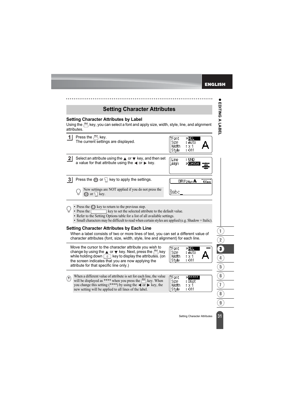 Setting character attributes, Setting character attributes by label, Setting character attributes by each line | P. 31 | Brother PT-2100 User Manual | Page 33 / 79