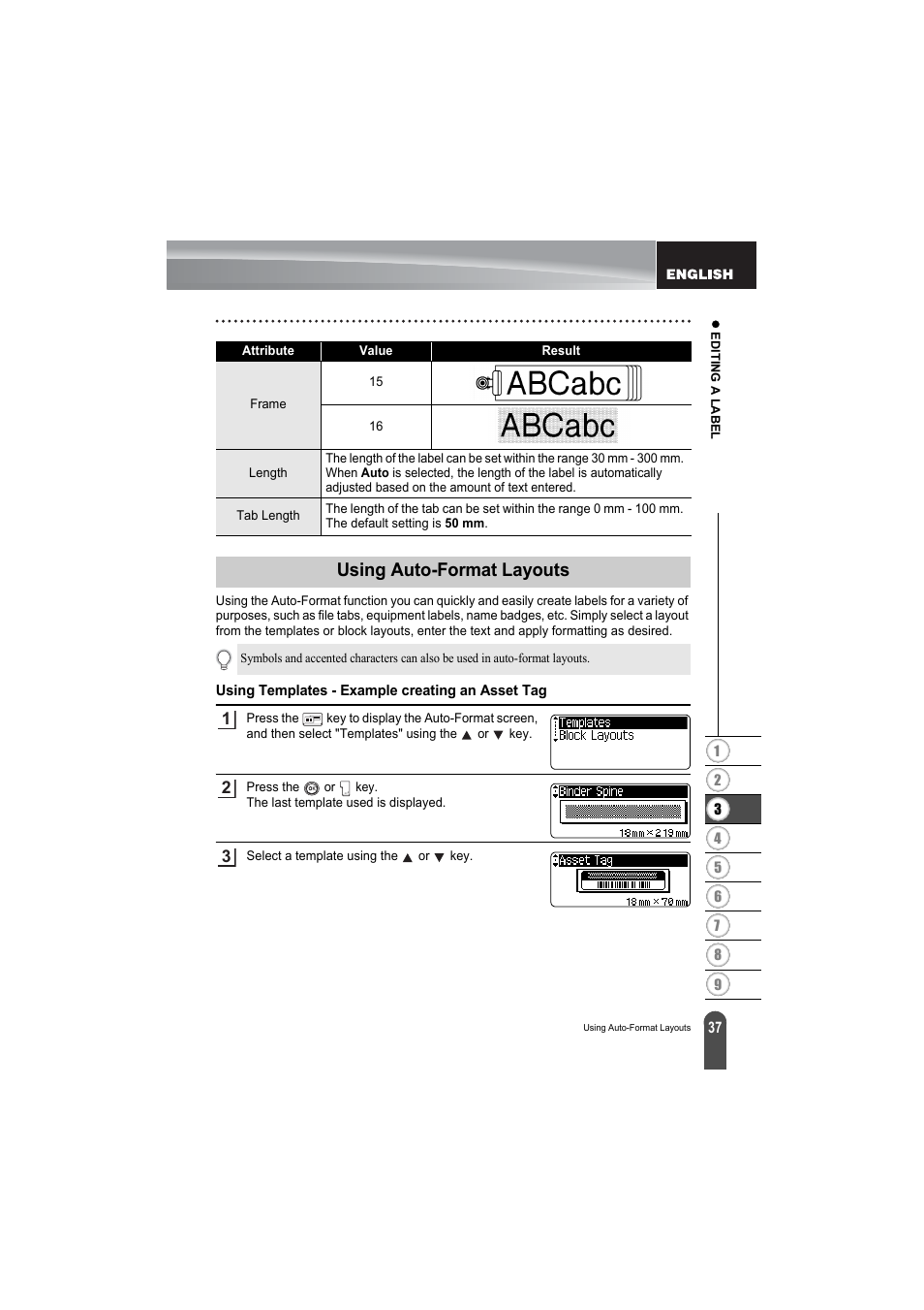 Using auto-format layouts, Using templates - example creating an asset tag, P. 37 | Brother PT-2100 User Manual | Page 39 / 79