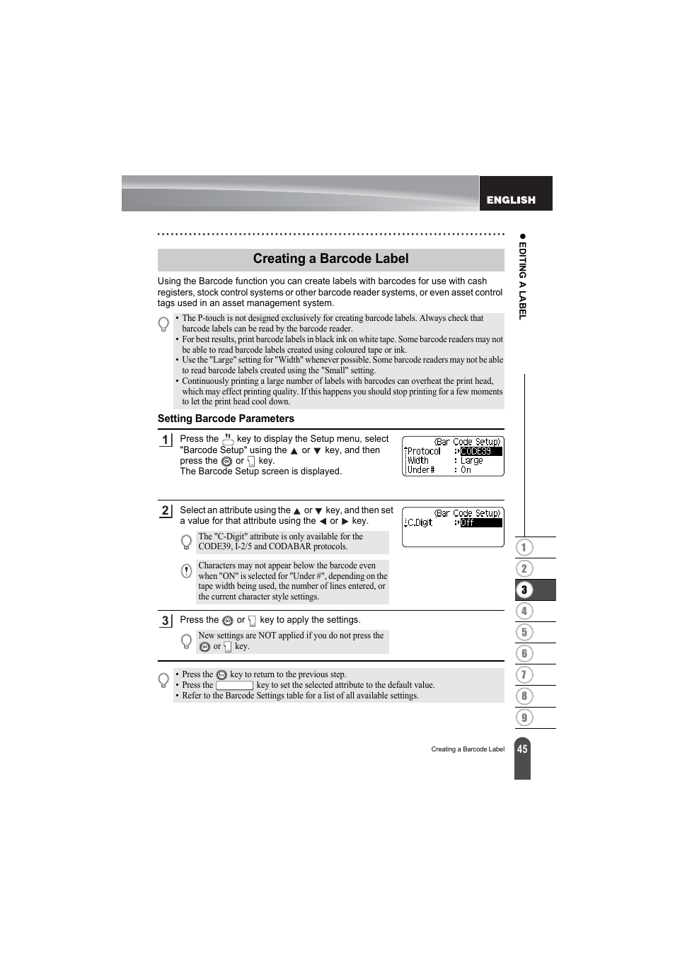 Creating a barcode label, Setting barcode parameters | Brother PT-2100 User Manual | Page 47 / 79
