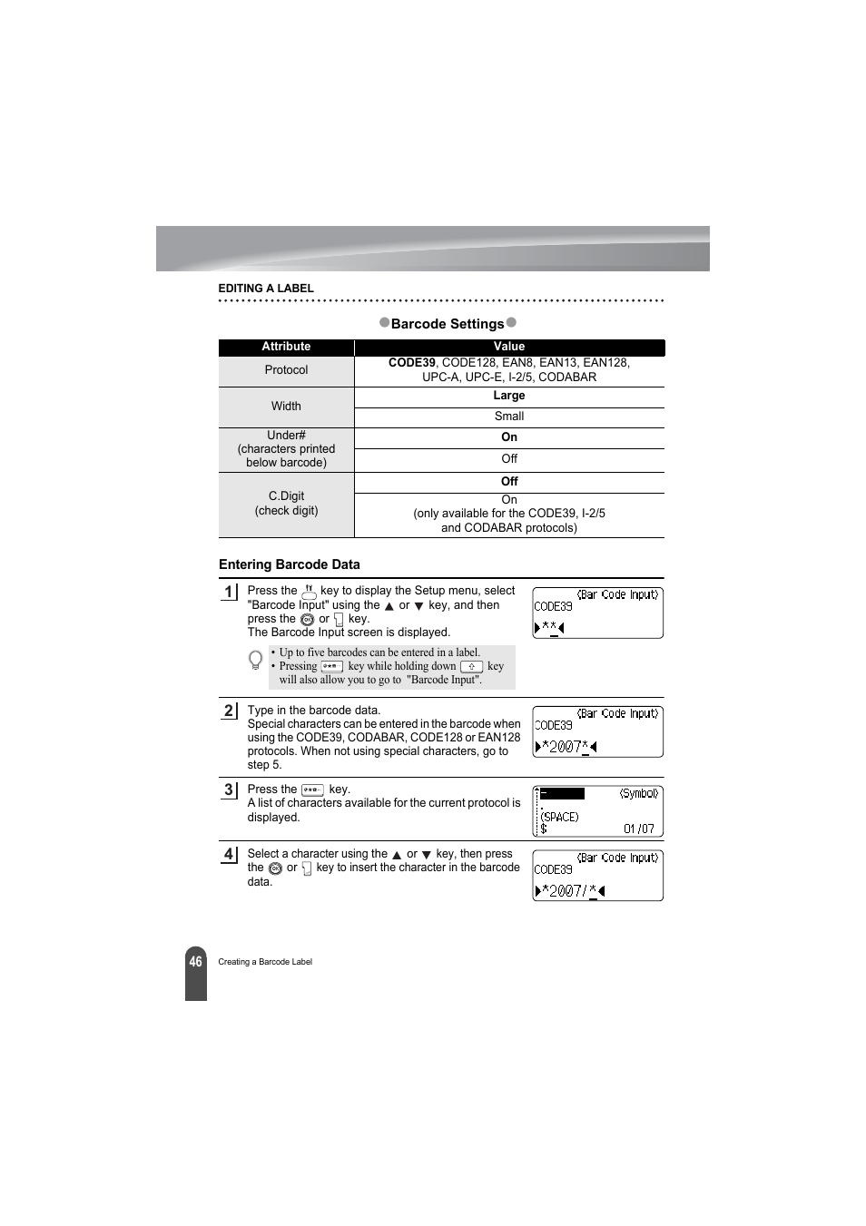 Entering barcode data | Brother PT-2100 User Manual | Page 48 / 79