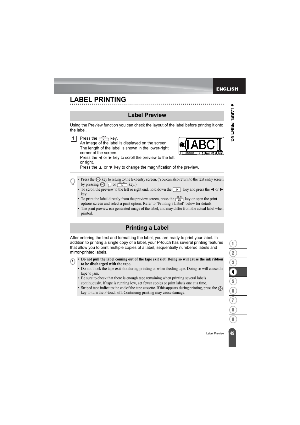 Label printing, Label preview, Printing a label | Label preview printing a label, P. 49 | Brother PT-2100 User Manual | Page 51 / 79