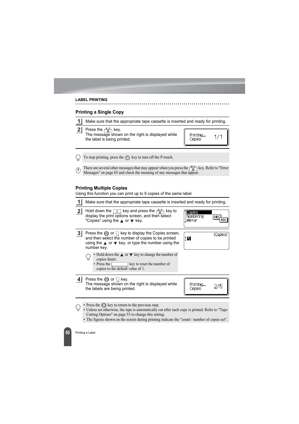 Printing a single copy, Printing multiple copies, Printing a single copy printing multiple copies | P. 50 | Brother PT-2100 User Manual | Page 52 / 79