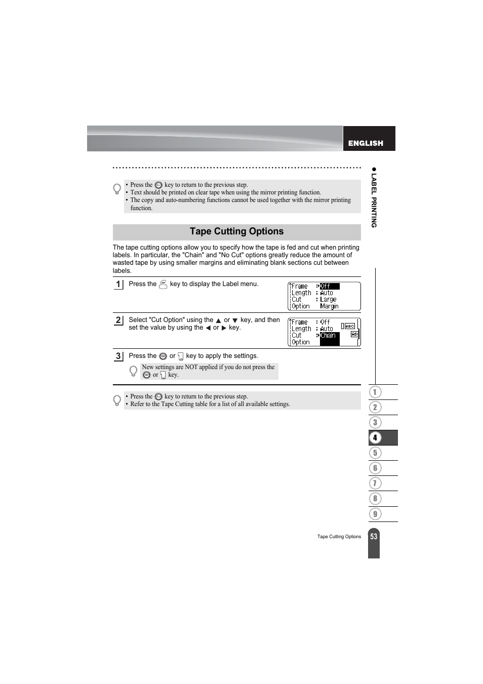 Tape cutting options, P. 53, Refer to "tape | Brother PT-2100 User Manual | Page 55 / 79