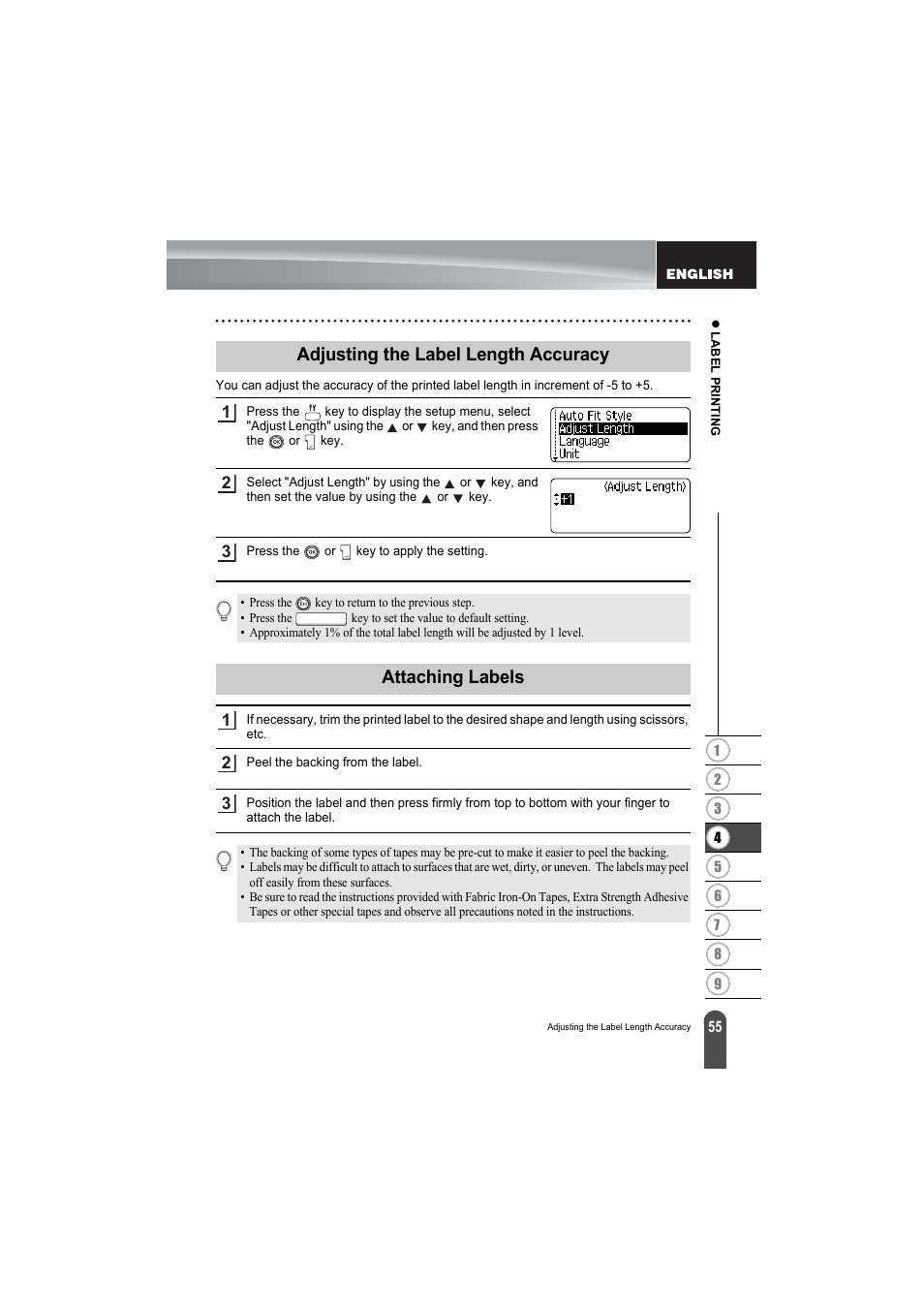 Adjusting the label length accuracy, Attaching labels | Brother PT-2100 User Manual | Page 57 / 79