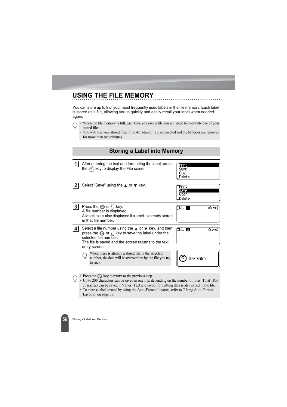 Using the file memory, Storing a label into memory, P. 56 | Brother PT-2100 User Manual | Page 58 / 79