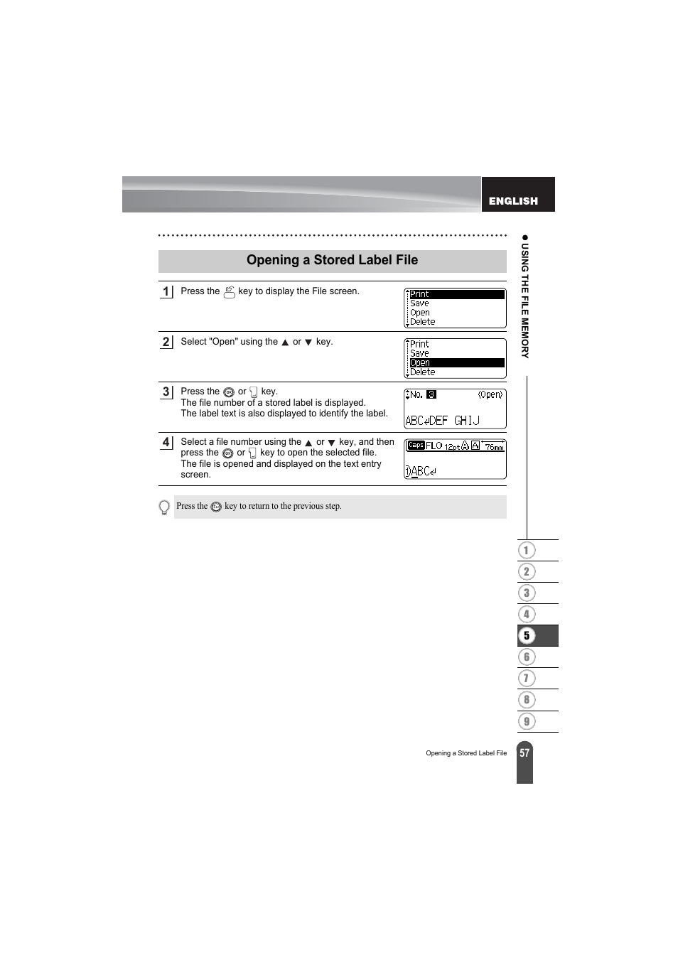 Opening a stored label file | Brother PT-2100 User Manual | Page 59 / 79