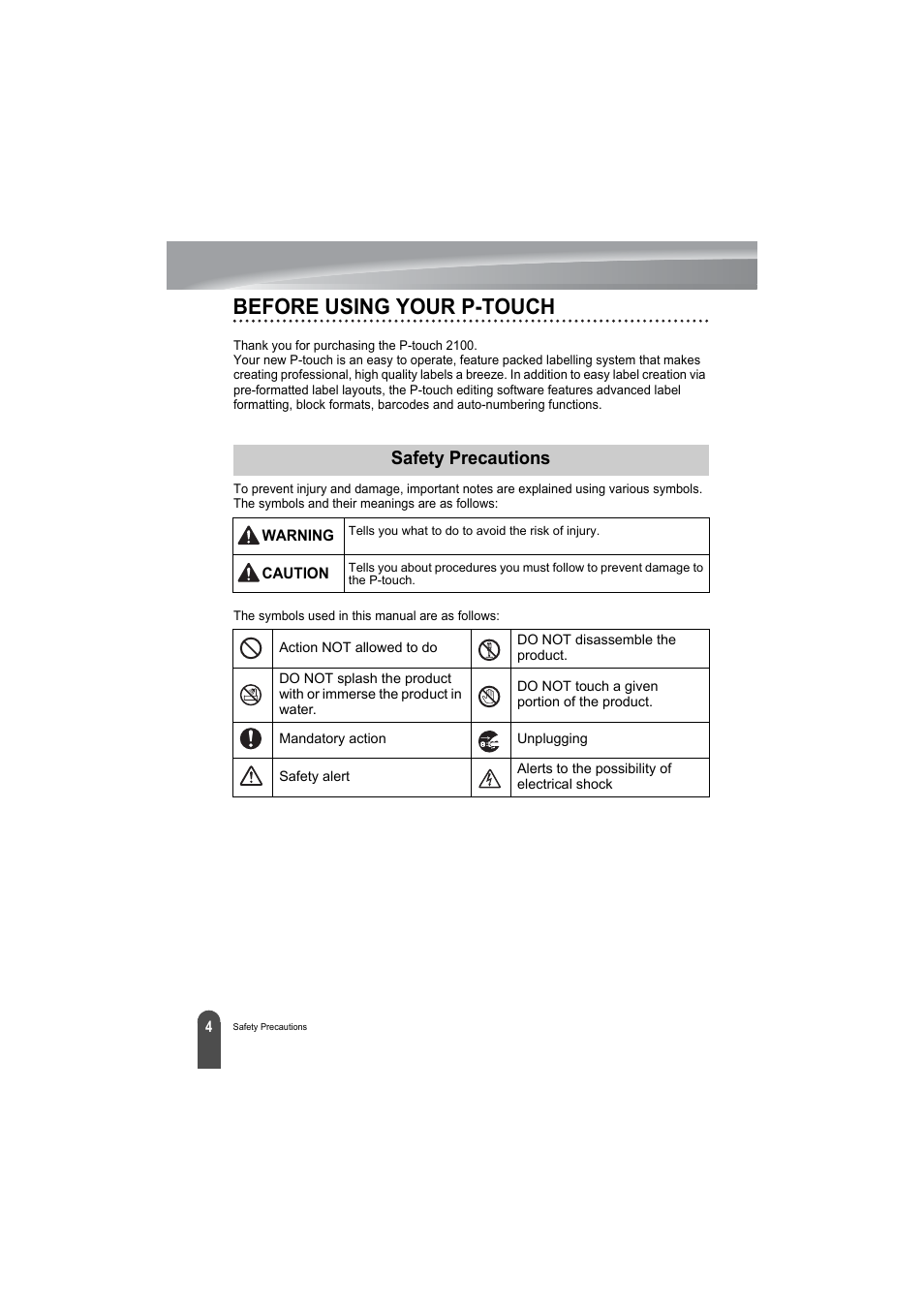 Before using your p-touch, Safety precautions | Brother PT-2100 User Manual | Page 6 / 79