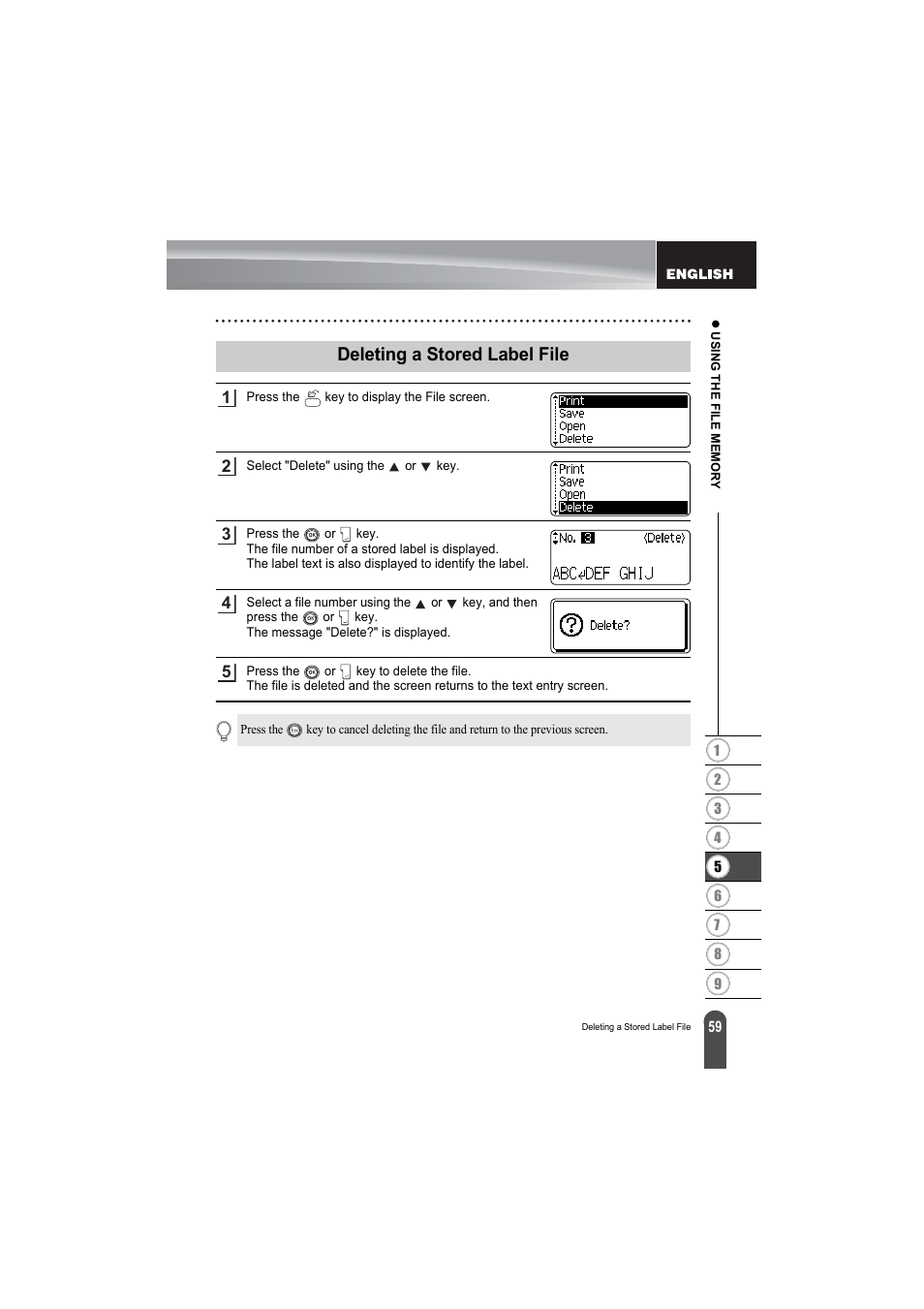 Deleting a stored label file | Brother PT-2100 User Manual | Page 61 / 79