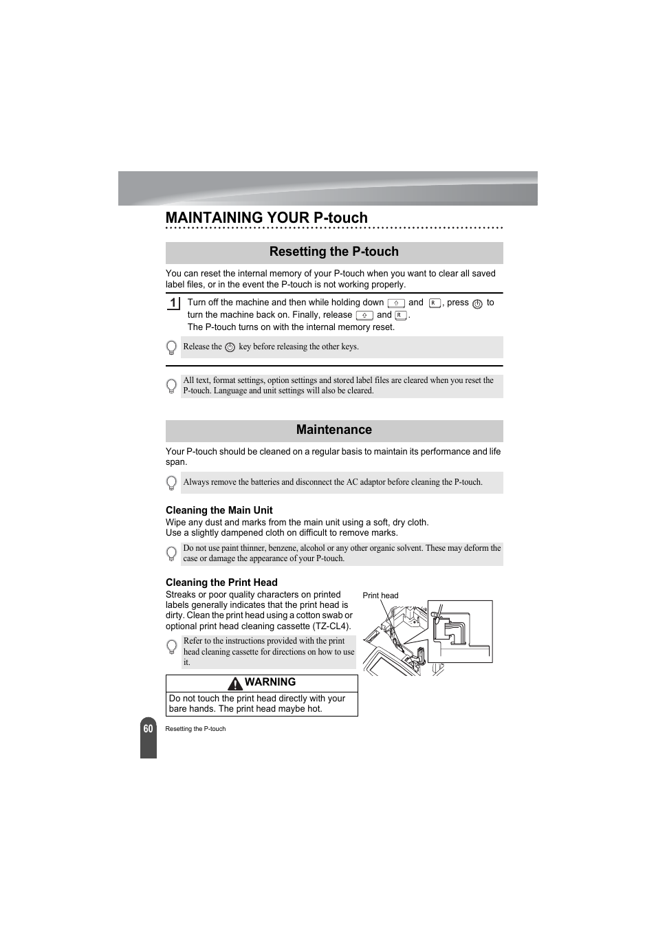 Maintaining your p-touch, Resetting the p-touch, Maintenance | Cleaning the main unit, Cleaning the print head, Resetting the p-touch maintenance, Cleaning the main unit cleaning the print head | Brother PT-2100 User Manual | Page 62 / 79