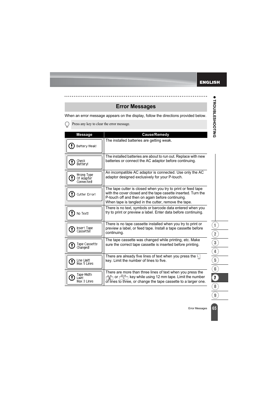 Error messages, To "error | Brother PT-2100 User Manual | Page 67 / 79