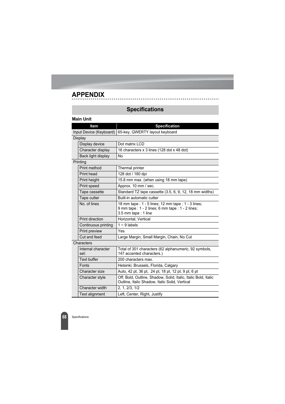 Appendix, Specifications | Brother PT-2100 User Manual | Page 70 / 79