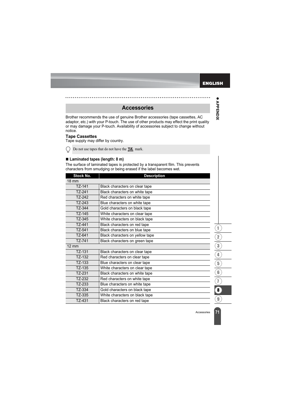 Accessories | Brother PT-2100 User Manual | Page 73 / 79