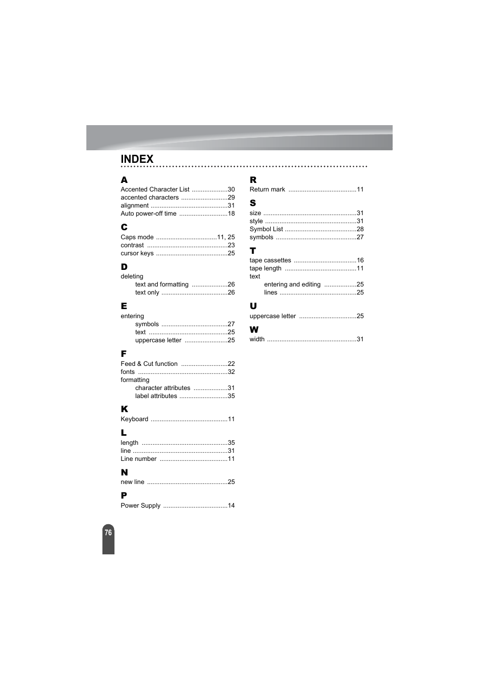 Index | Brother PT-2100 User Manual | Page 78 / 79