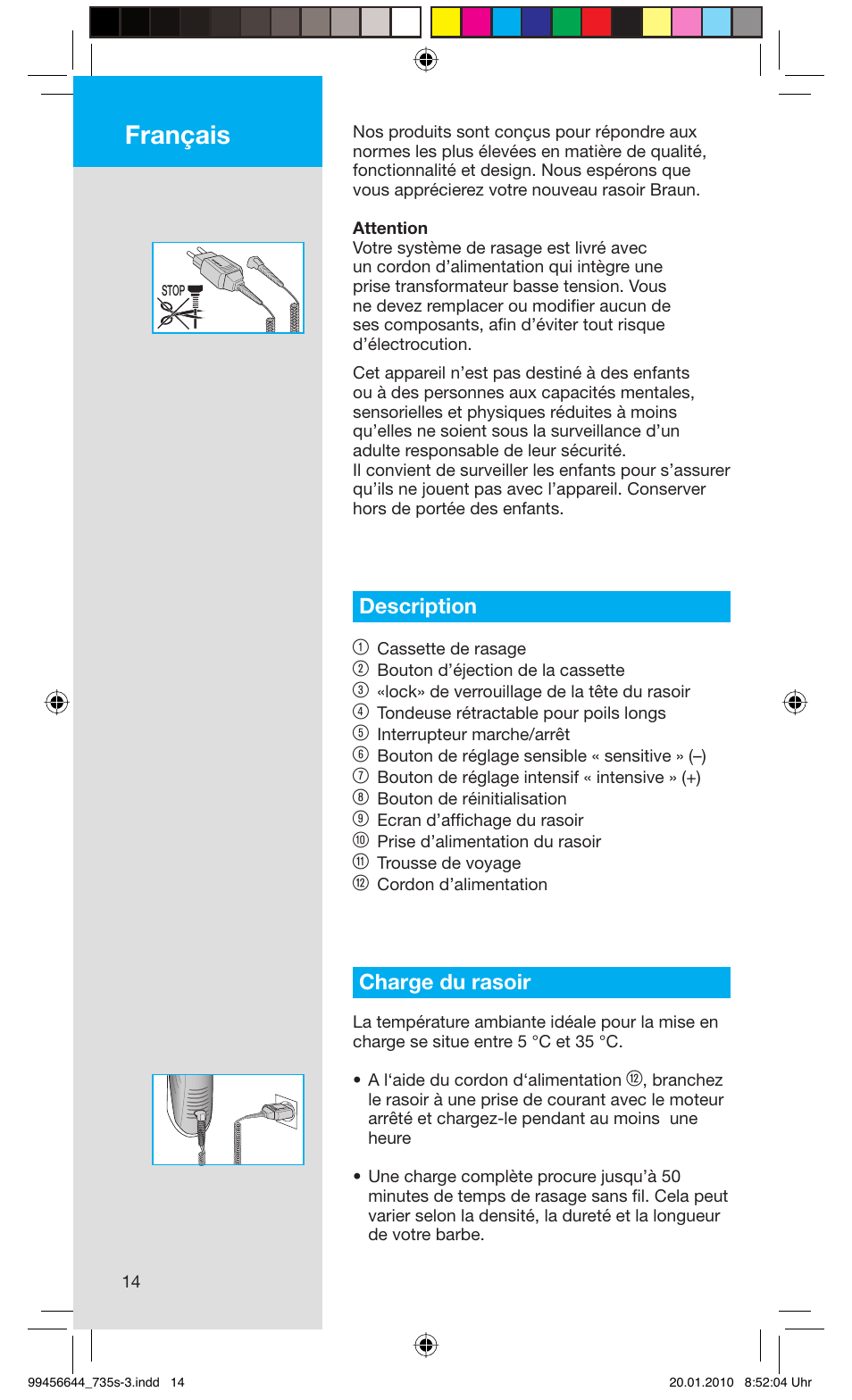 Français, Description 1, Charge du rasoir | Braun 735s-3 Series 7 User Manual | Page 14 / 68