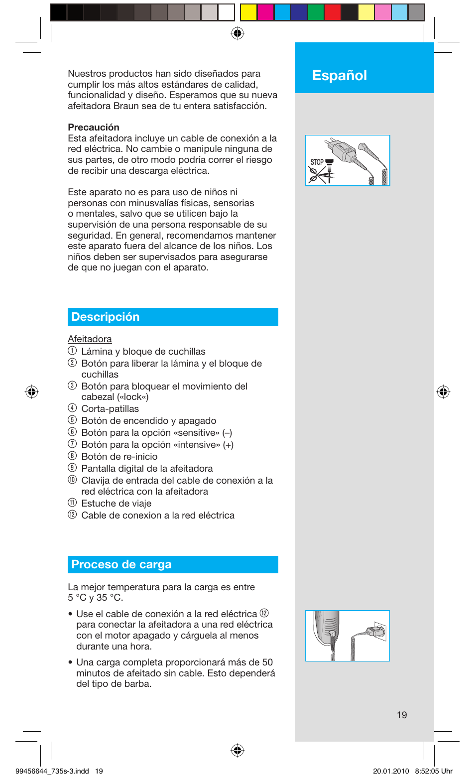 Español, Descripción, Proceso de carga | Braun 735s-3 Series 7 User Manual | Page 19 / 68