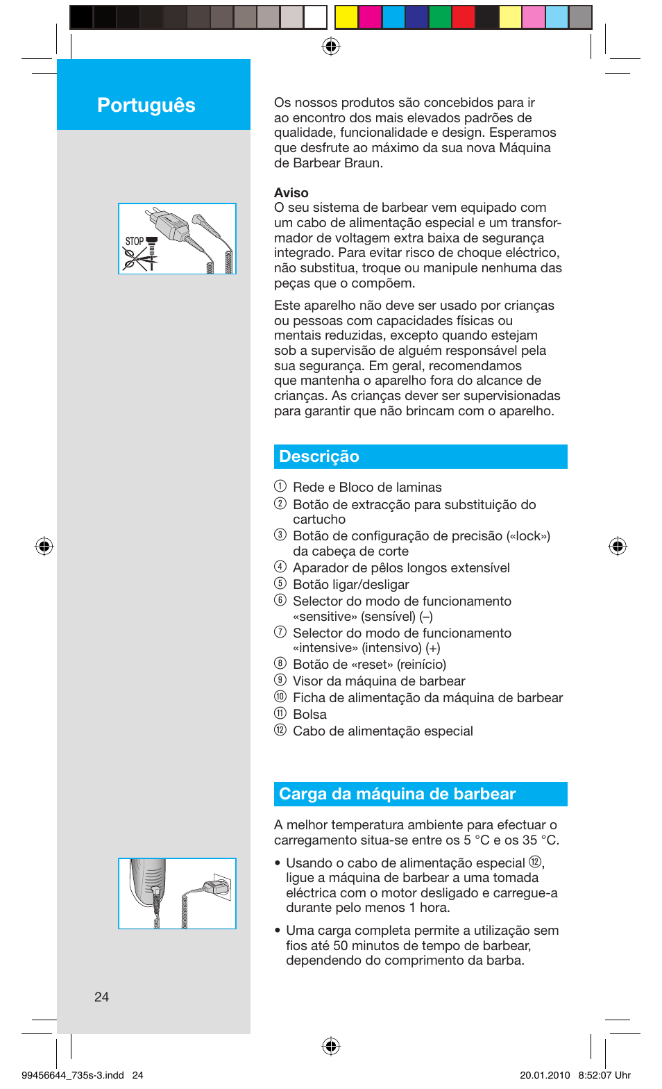 Português, Descrição 1, Carga da máquina de barbear | Braun 735s-3 Series 7 User Manual | Page 24 / 68
