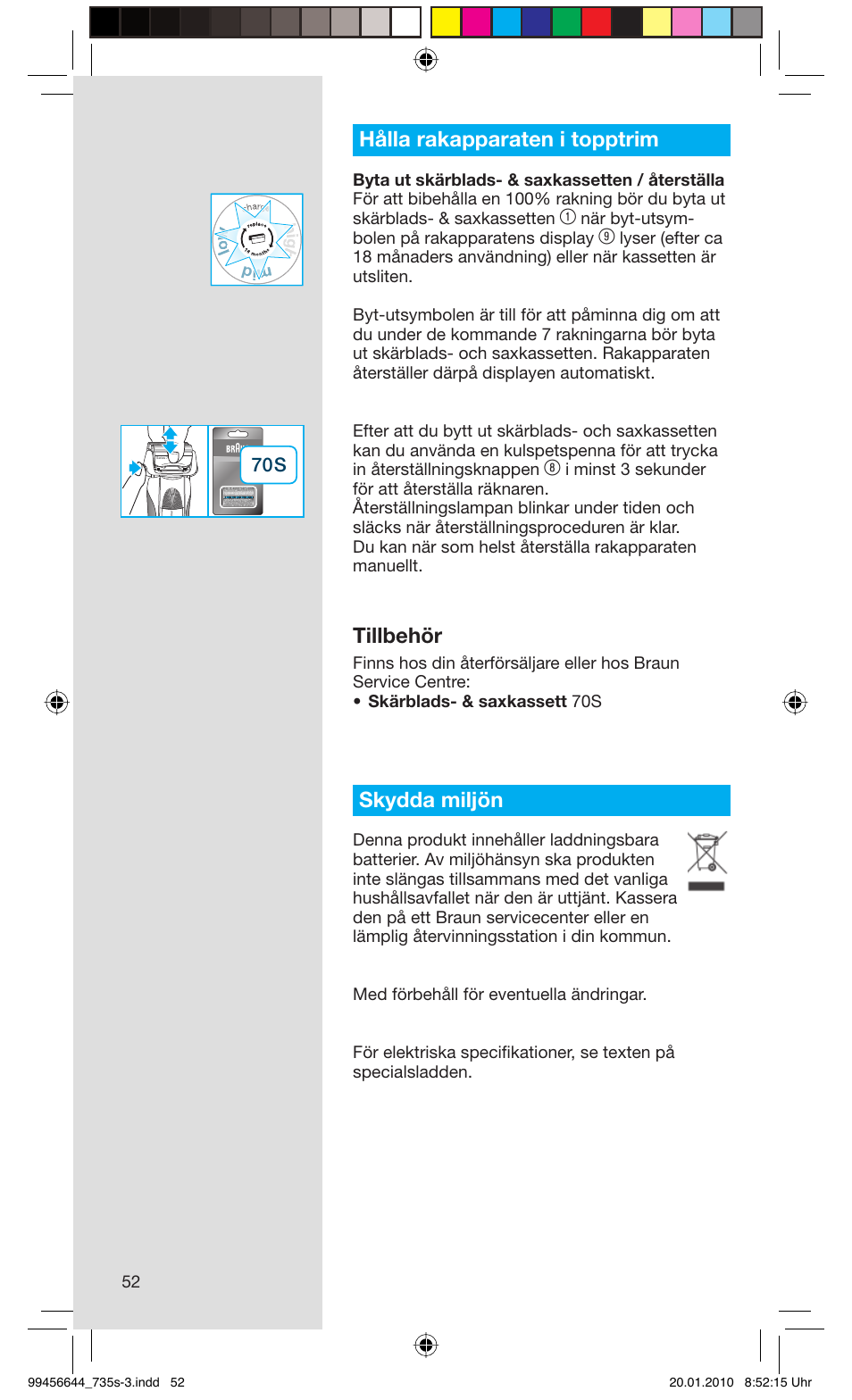 Hålla rakapparaten i topptrim, Tillbehör, Skydda miljön | Braun 735s-3 Series 7 User Manual | Page 52 / 68