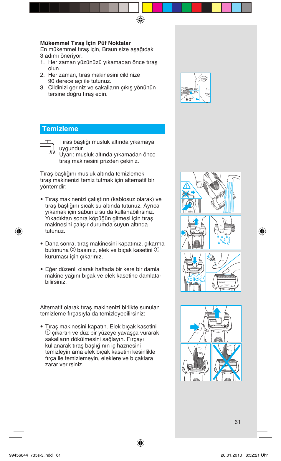 Temizleme, Basınız, elek ve bıçak kasetini, Click | Braun 735s-3 Series 7 User Manual | Page 61 / 68