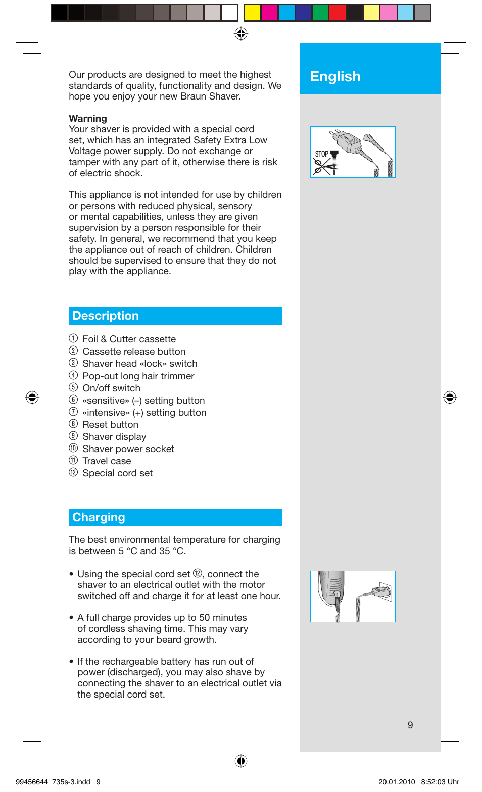 English, Description 1, Charging | Braun 735s-3 Series 7 User Manual | Page 9 / 68
