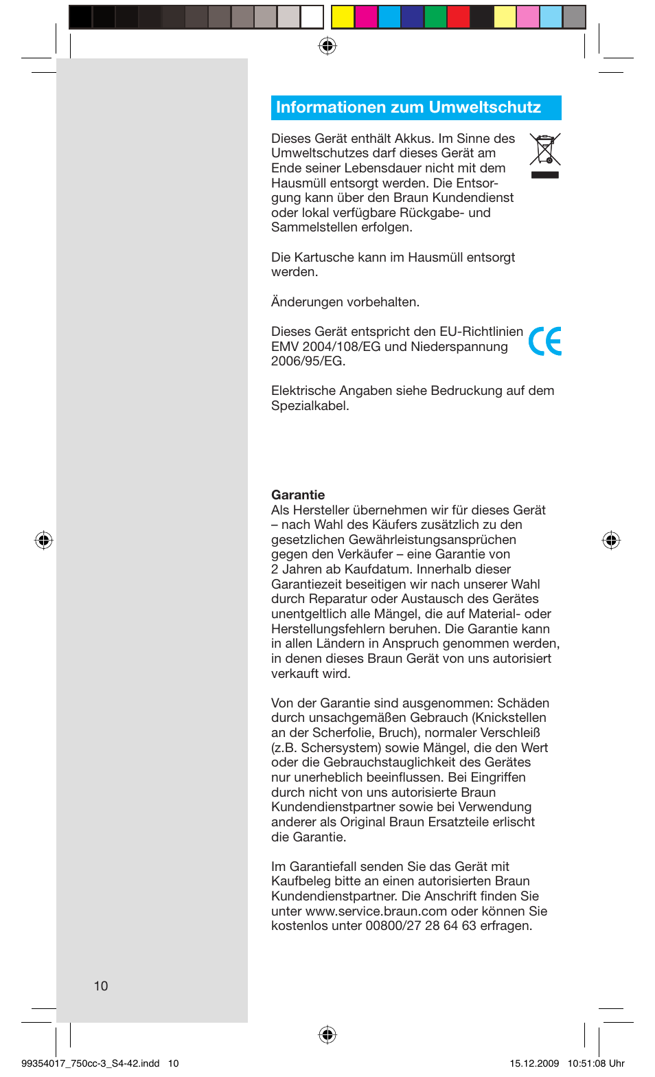 Informationen zum umweltschutz | Braun 750cc-3 Series 7 User Manual | Page 10 / 40
