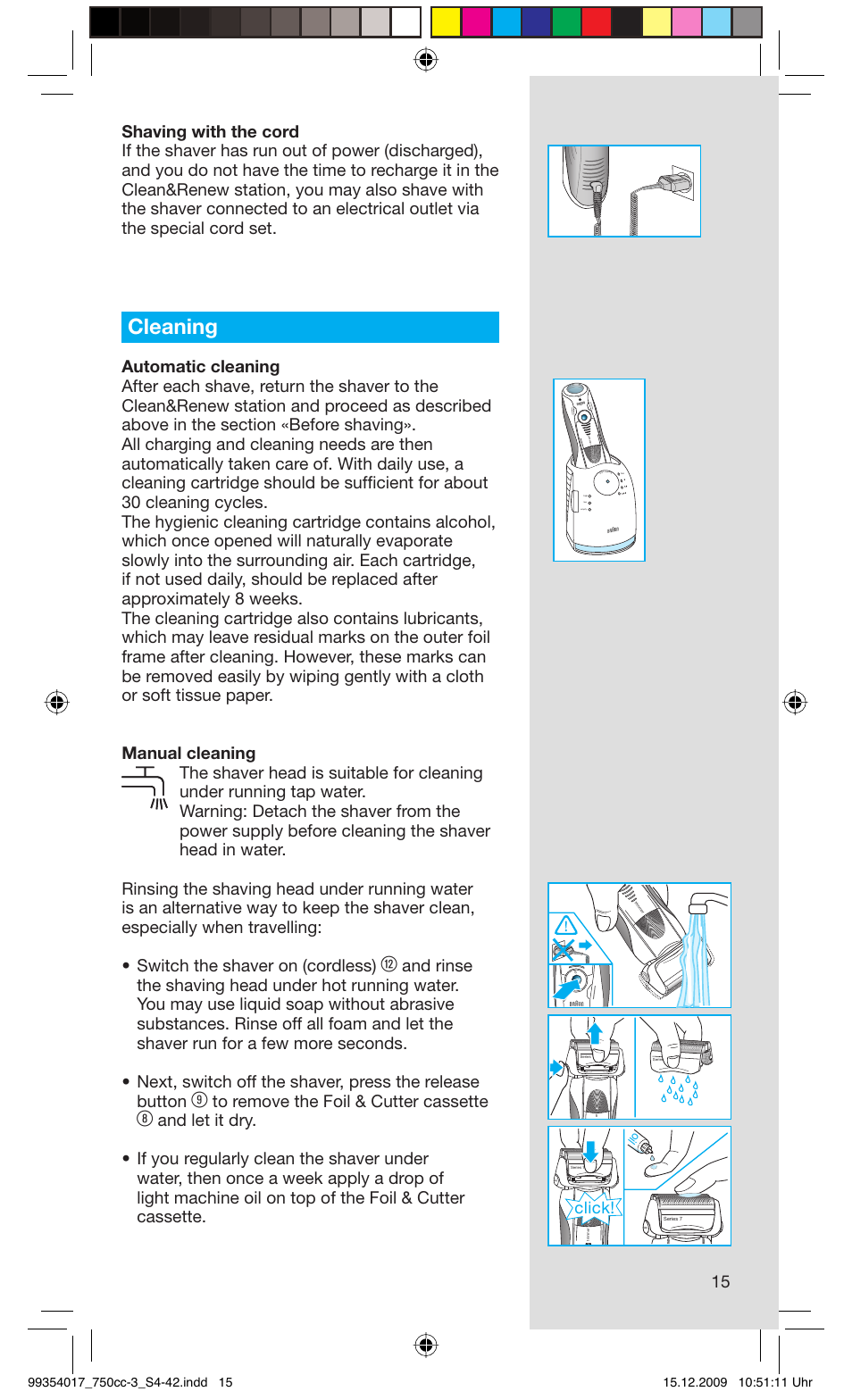 Cleaning, Click, Rese t | Braun 750cc-3 Series 7 User Manual | Page 15 / 40