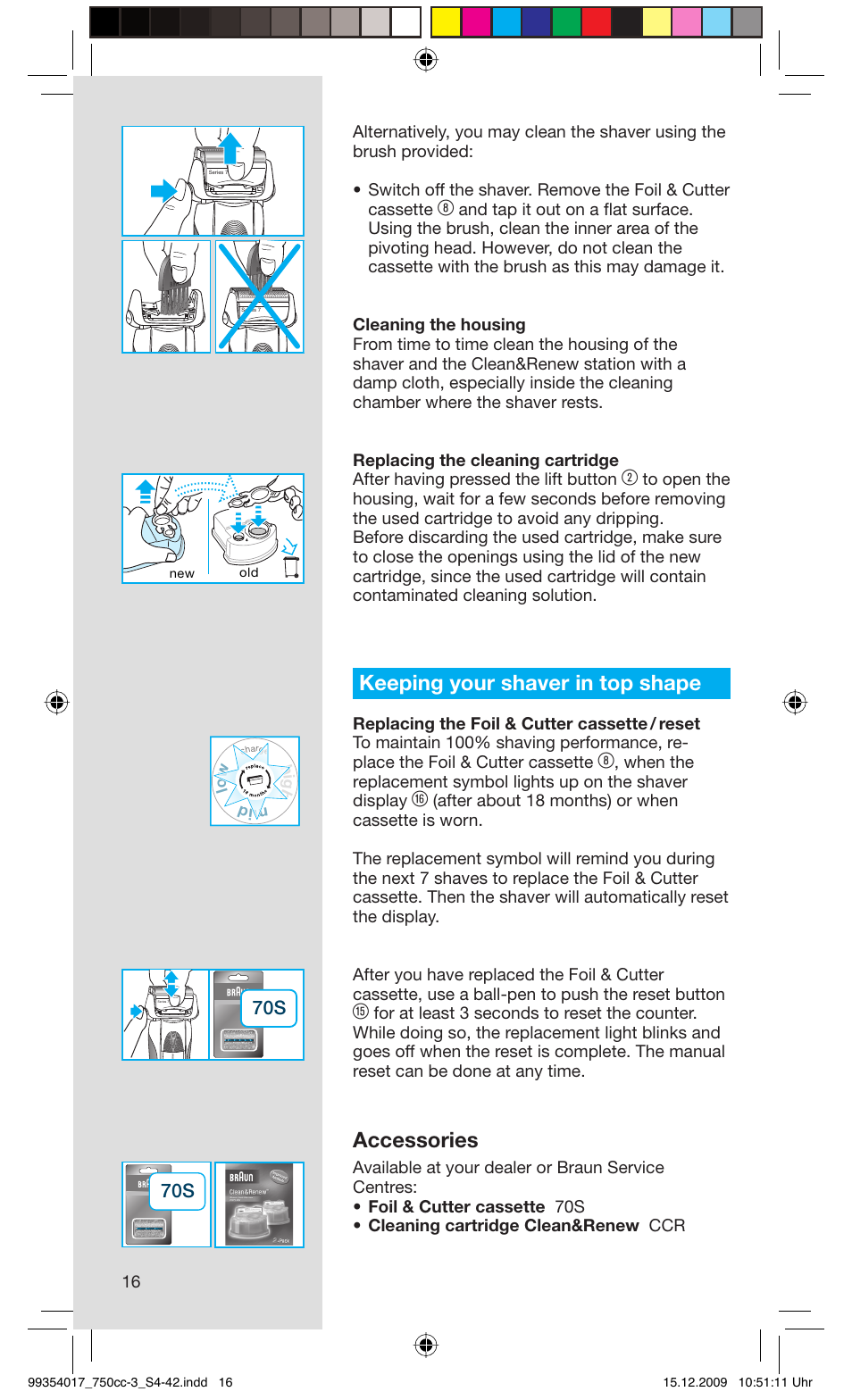 Keeping your shaver in top shape, Accessories | Braun 750cc-3 Series 7 User Manual | Page 16 / 40