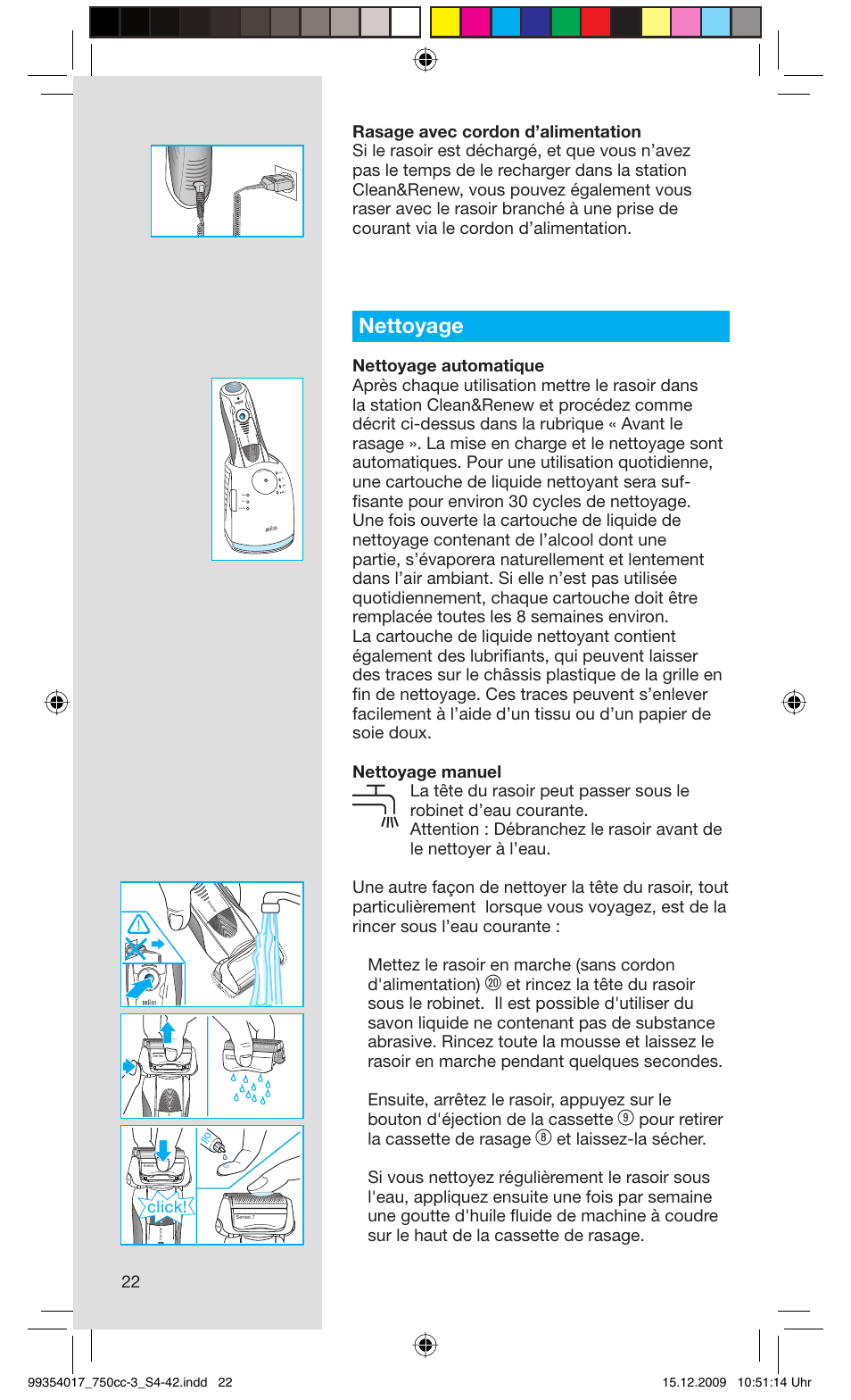 Nettoyage, Pour retirer la cassette de rasage, Click | Rese t | Braun 750cc-3 Series 7 User Manual | Page 22 / 40