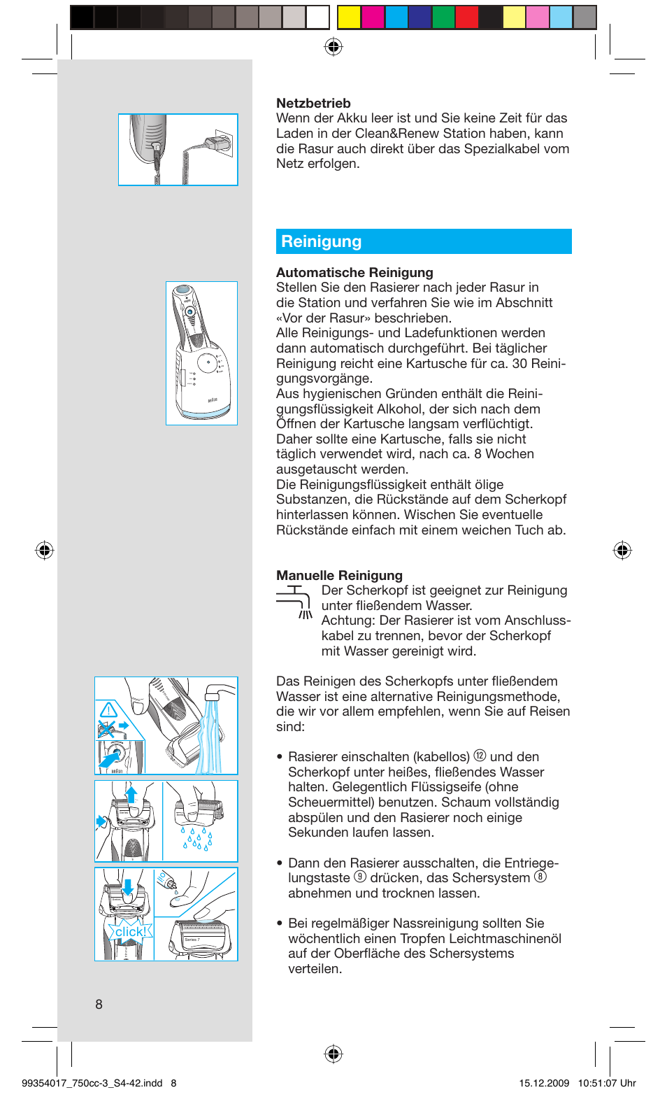 Reinigung, Drücken, das schersystem, Click | Rese t | Braun 750cc-3 Series 7 User Manual | Page 8 / 40