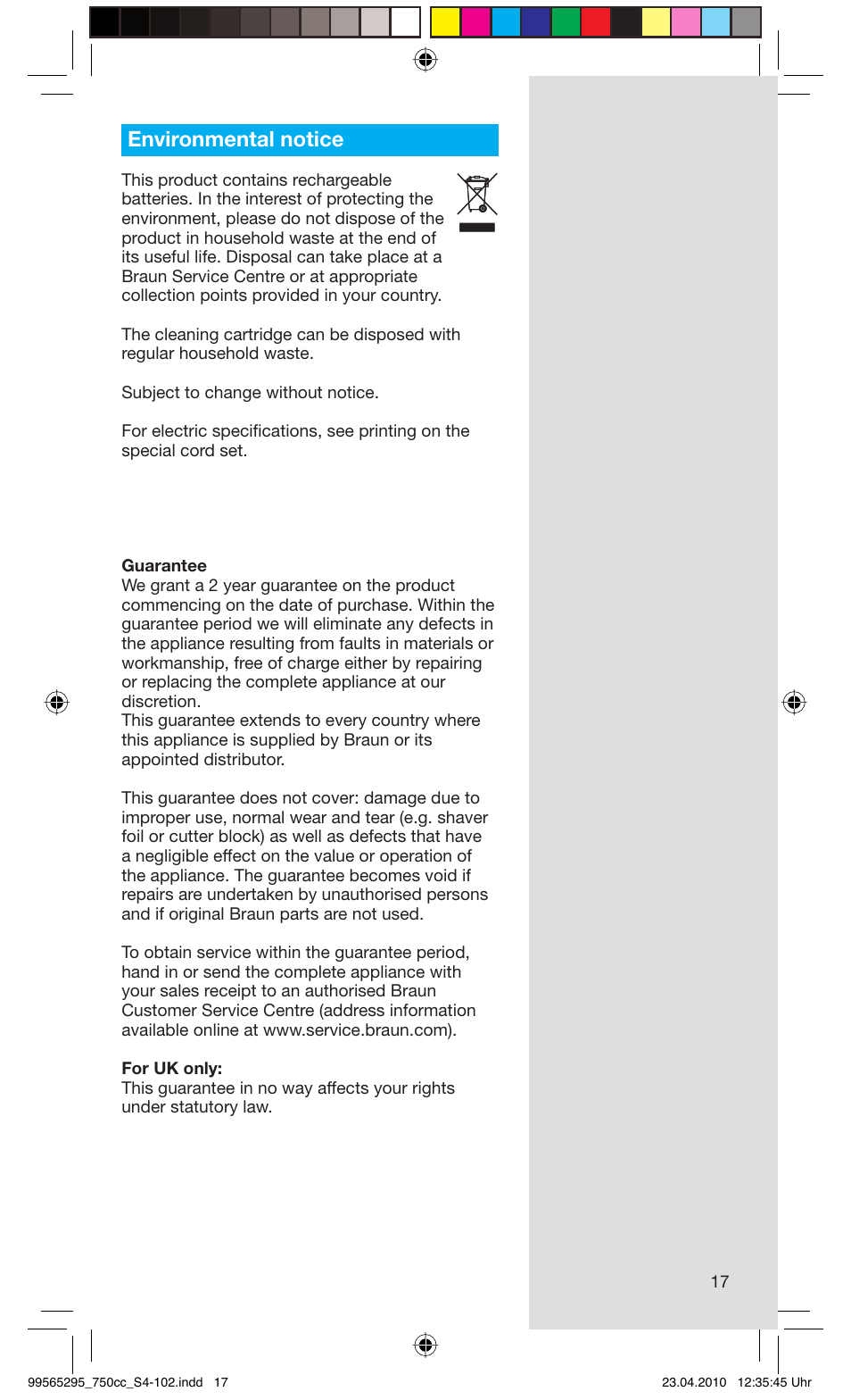 Environmental notice | Braun 750cc-4 Series 7 User Manual | Page 17 / 101