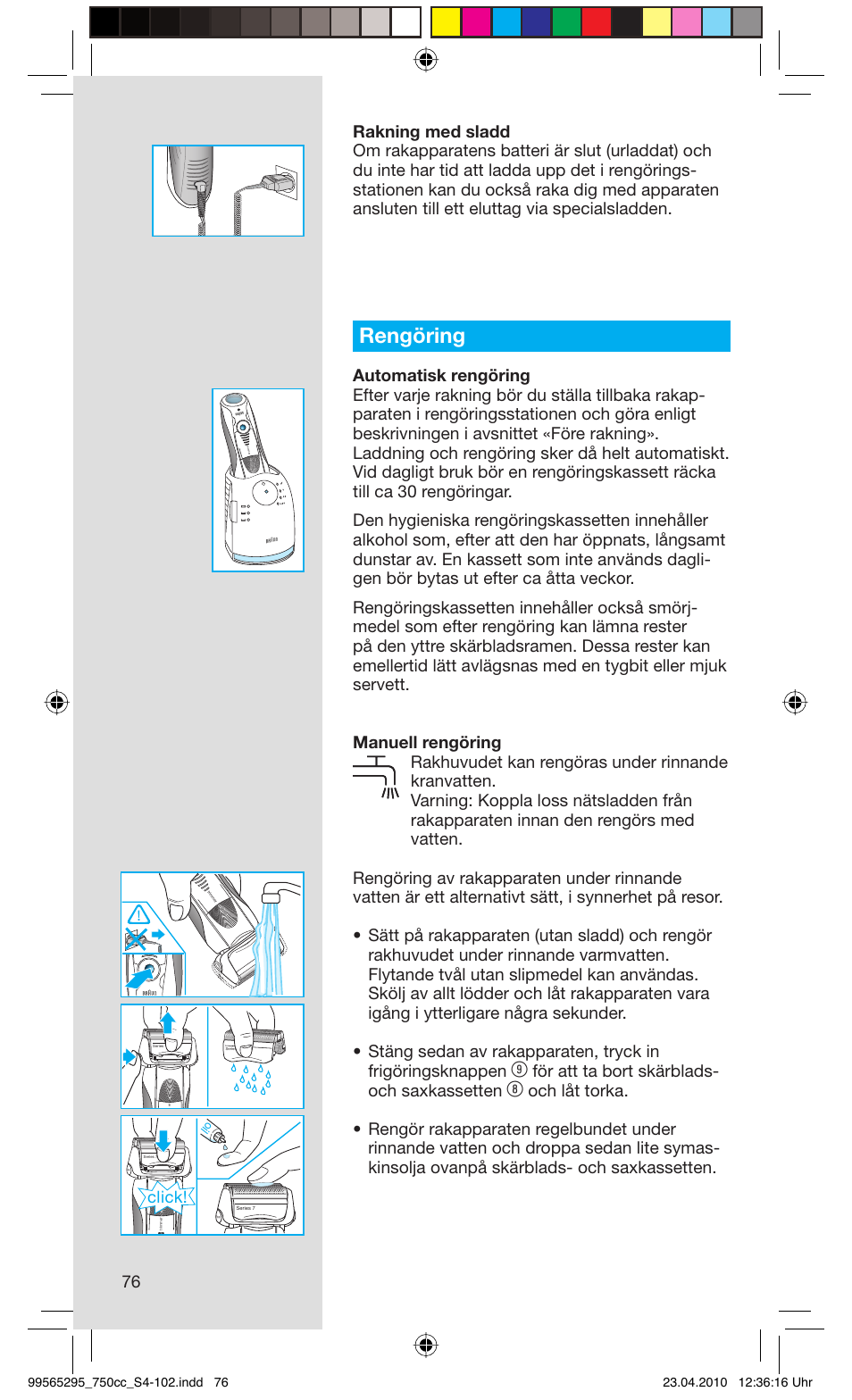 Rengöring, För att ta bort skärblads- och saxkassetten, Click | Braun 750cc-4 Series 7 User Manual | Page 76 / 101