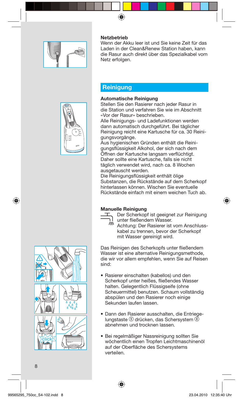 Reinigung, Drücken, das schersystem, Click | Braun 750cc-4 Series 7 User Manual | Page 8 / 101