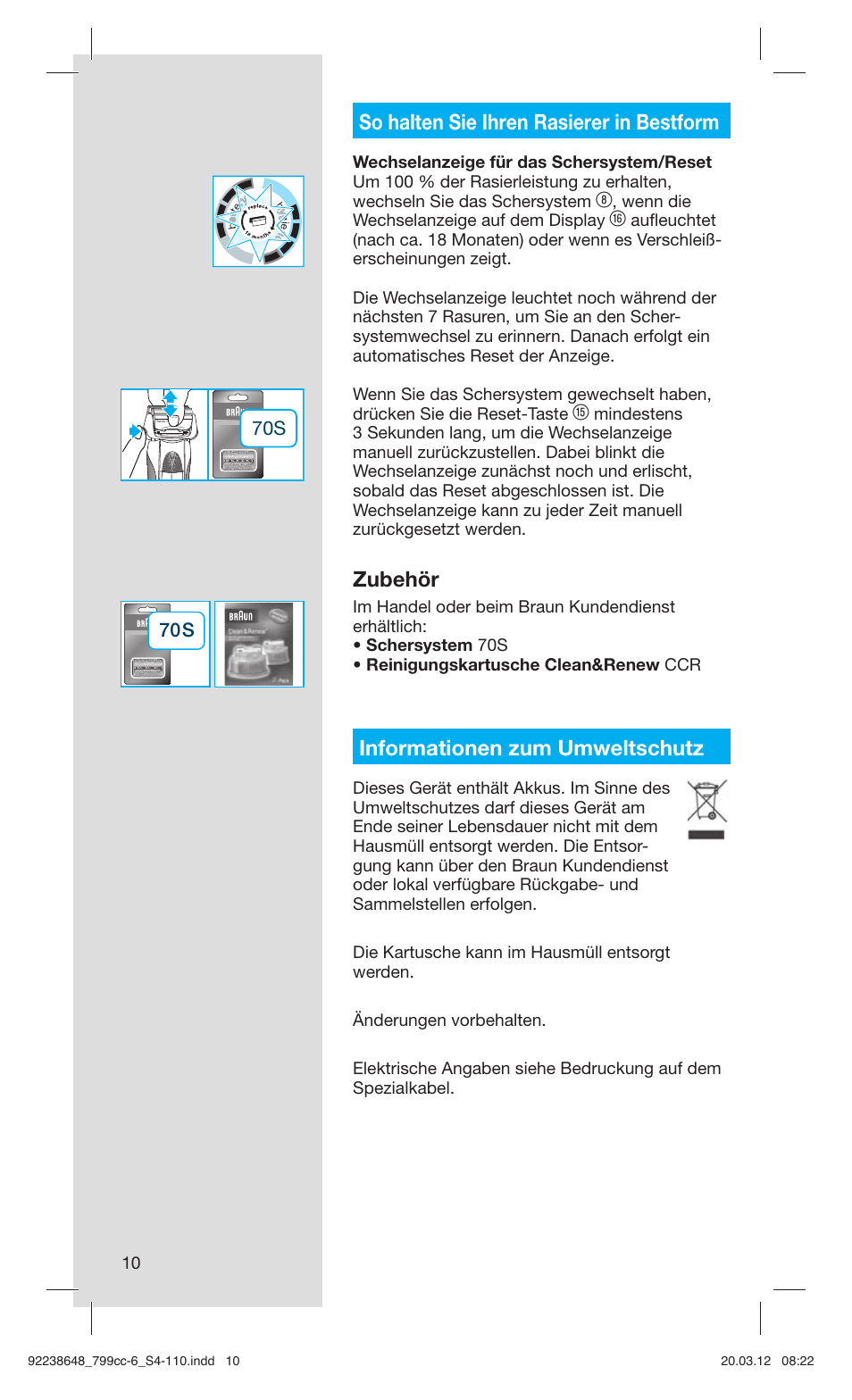 So halten sie ihren rasierer in bestform, Zubehör, Informationen zum umweltschutz | Braun 799cc-6 Wet & Dry, Series 7 User Manual | Page 10 / 107