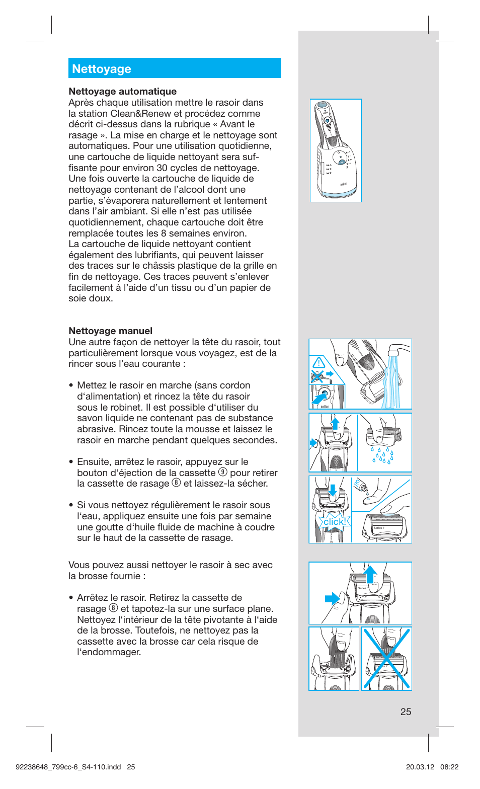 Nettoyage, Pour retirer la cassette de rasage, Click | Braun 799cc-6 Wet & Dry, Series 7 User Manual | Page 25 / 107