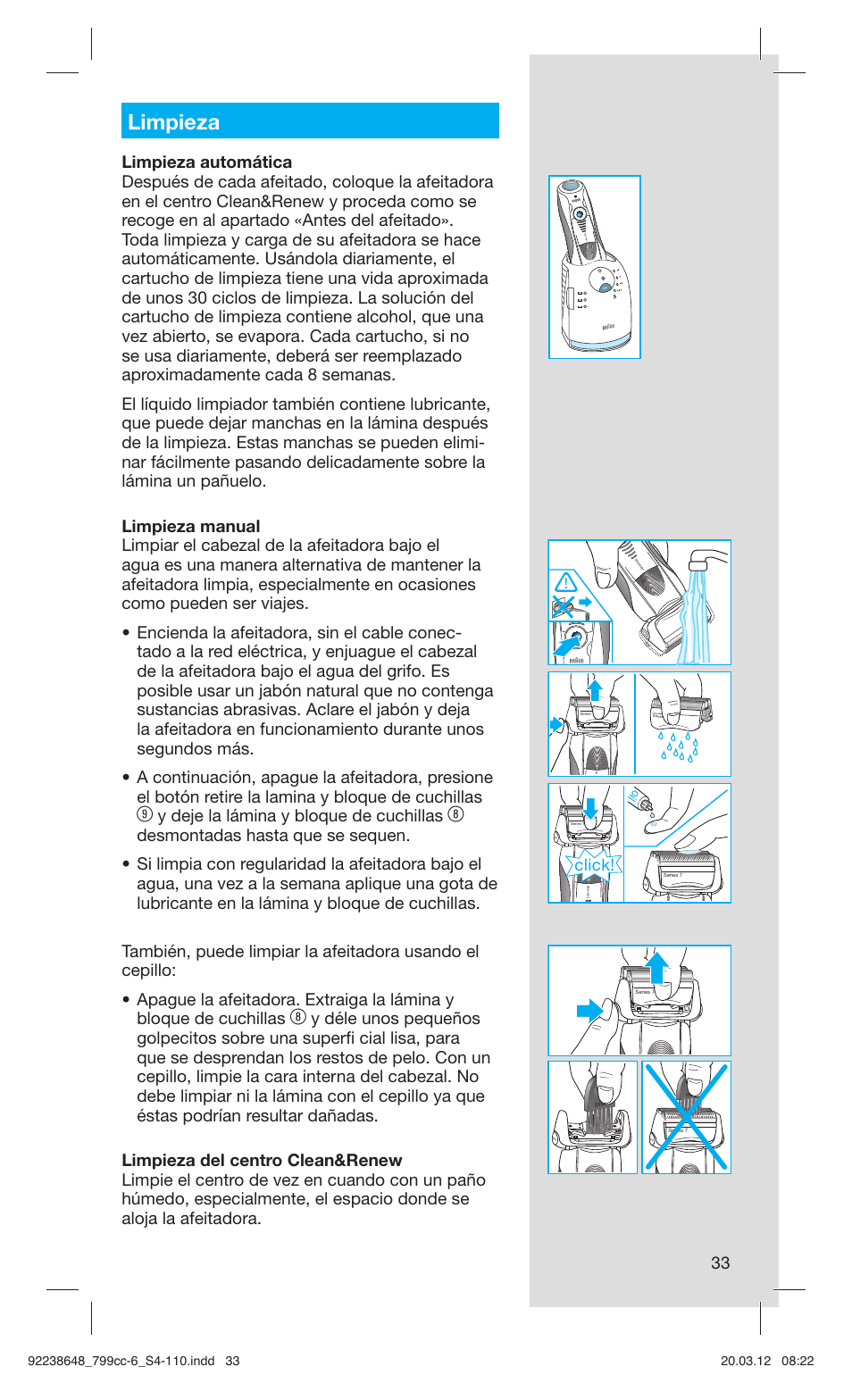 Limpieza, Y deje la lámina y bloque de cuchillas, Click | Braun 799cc-6 Wet & Dry, Series 7 User Manual | Page 33 / 107