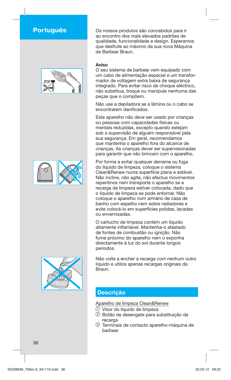Português, Descrição | Braun 799cc-6 Wet & Dry, Series 7 User Manual | Page 36 / 107