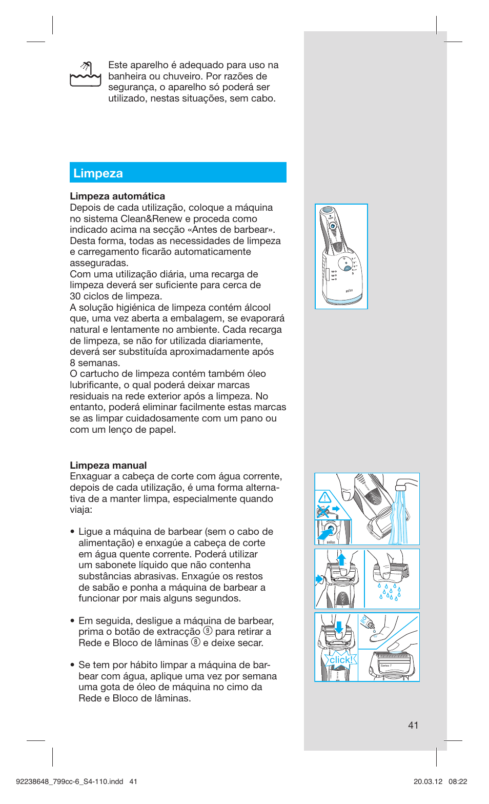Limpeza, Para retirar a rede e bloco de lâminas, Click | Braun 799cc-6 Wet & Dry, Series 7 User Manual | Page 41 / 107