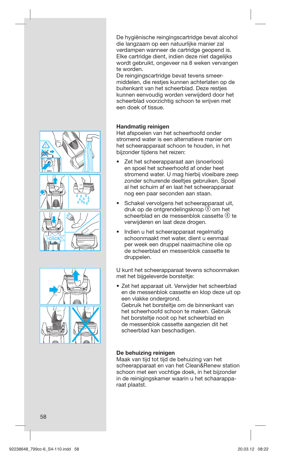 Om het scheerblad en de messenblok cassette, Click | Braun 799cc-6 Wet & Dry, Series 7 User Manual | Page 58 / 107