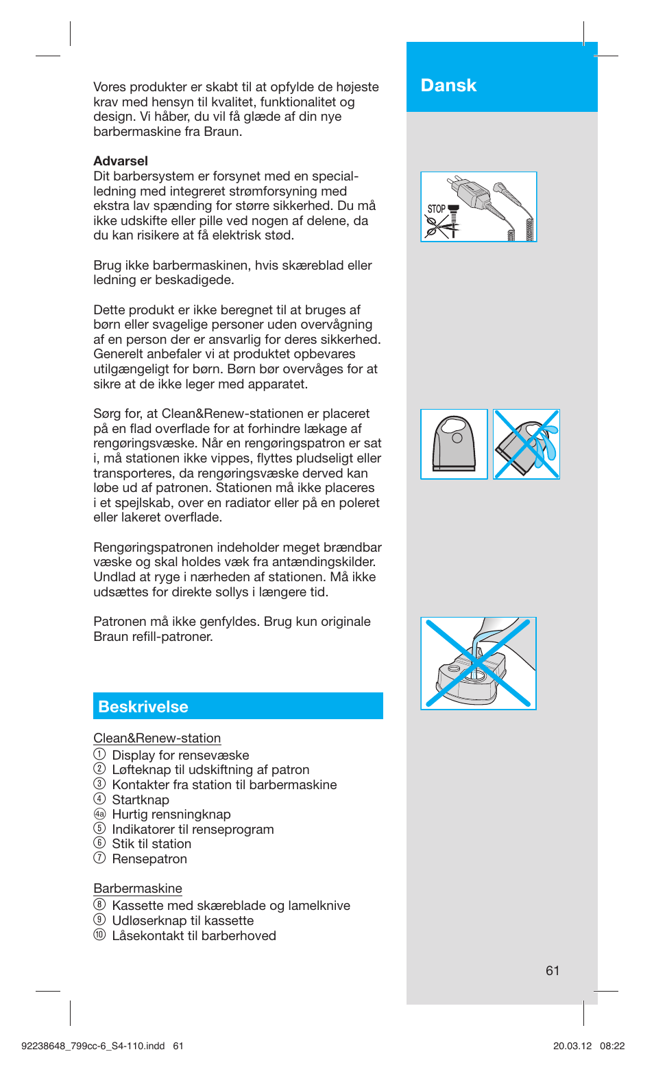 Dansk, Beskrivelse | Braun 799cc-6 Wet & Dry, Series 7 User Manual | Page 61 / 107