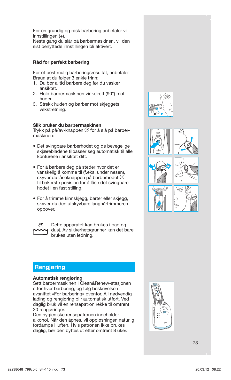 Rengjøring | Braun 799cc-6 Wet & Dry, Series 7 User Manual | Page 73 / 107