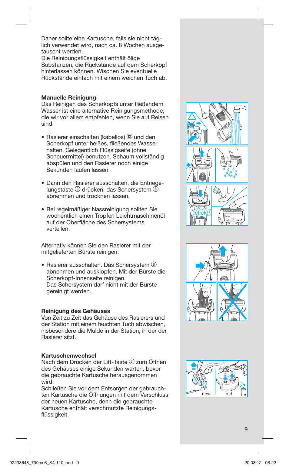 Drücken, das schersystem, Click | Braun 799cc-6 Wet & Dry, Series 7 User Manual | Page 9 / 107