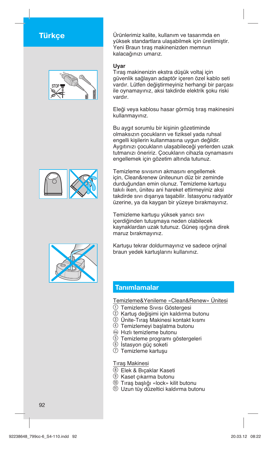 Türkçe, Tanımlamalar | Braun 799cc-6 Wet & Dry, Series 7 User Manual | Page 92 / 107