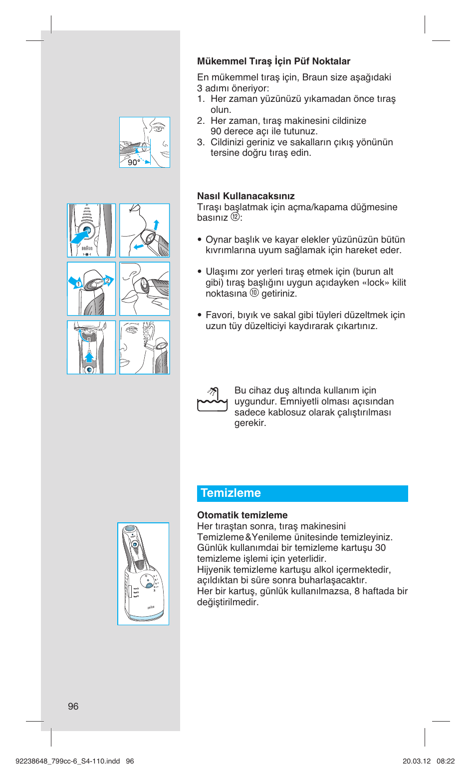 Temizleme | Braun 799cc-6 Wet & Dry, Series 7 User Manual | Page 96 / 107