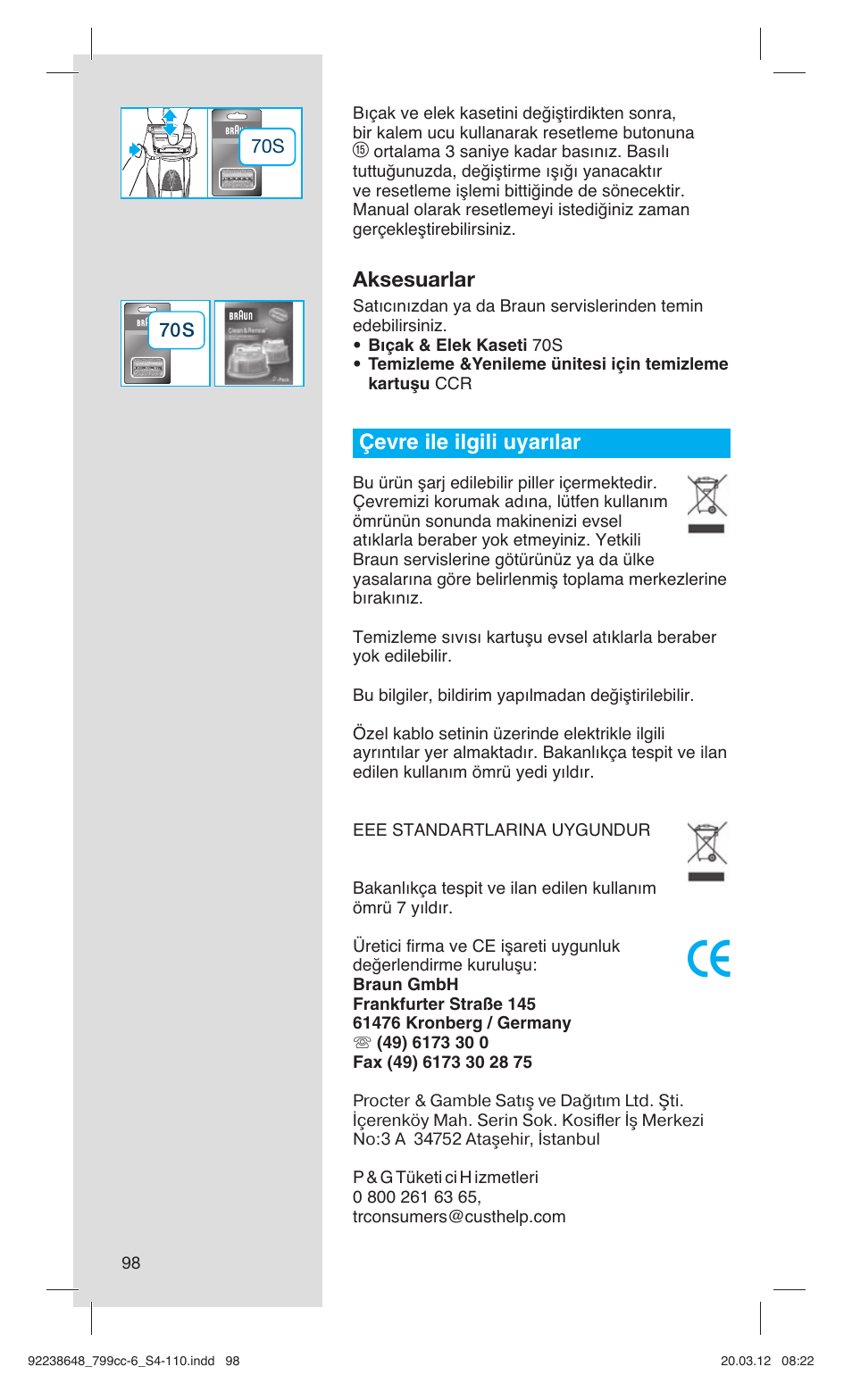 Aksesuarlar, Çevre ile ilgili uyarılar | Braun 799cc-6 Wet & Dry, Series 7 User Manual | Page 98 / 107