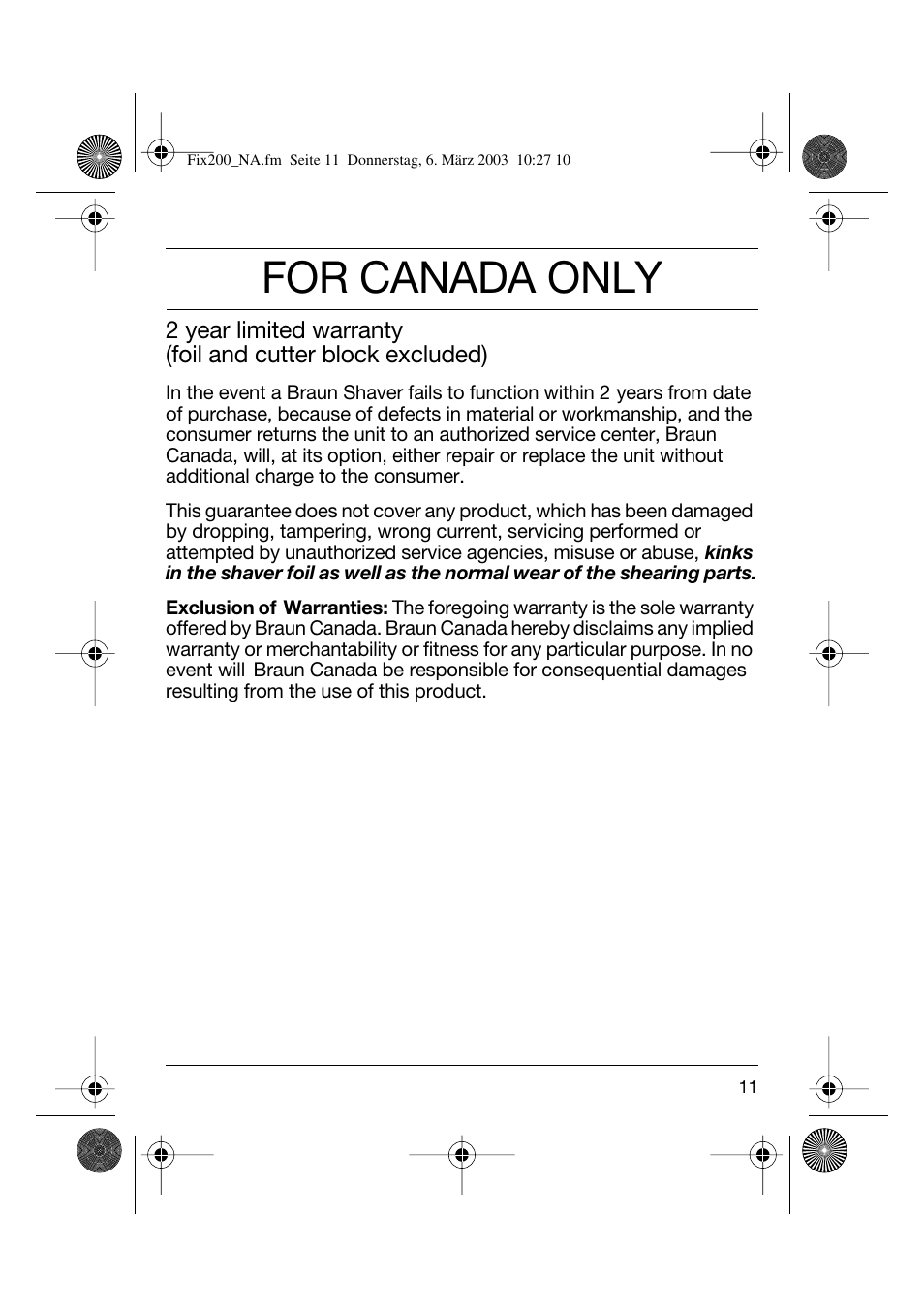 For canada only | Braun 4615 TwinControl User Manual | Page 10 / 27